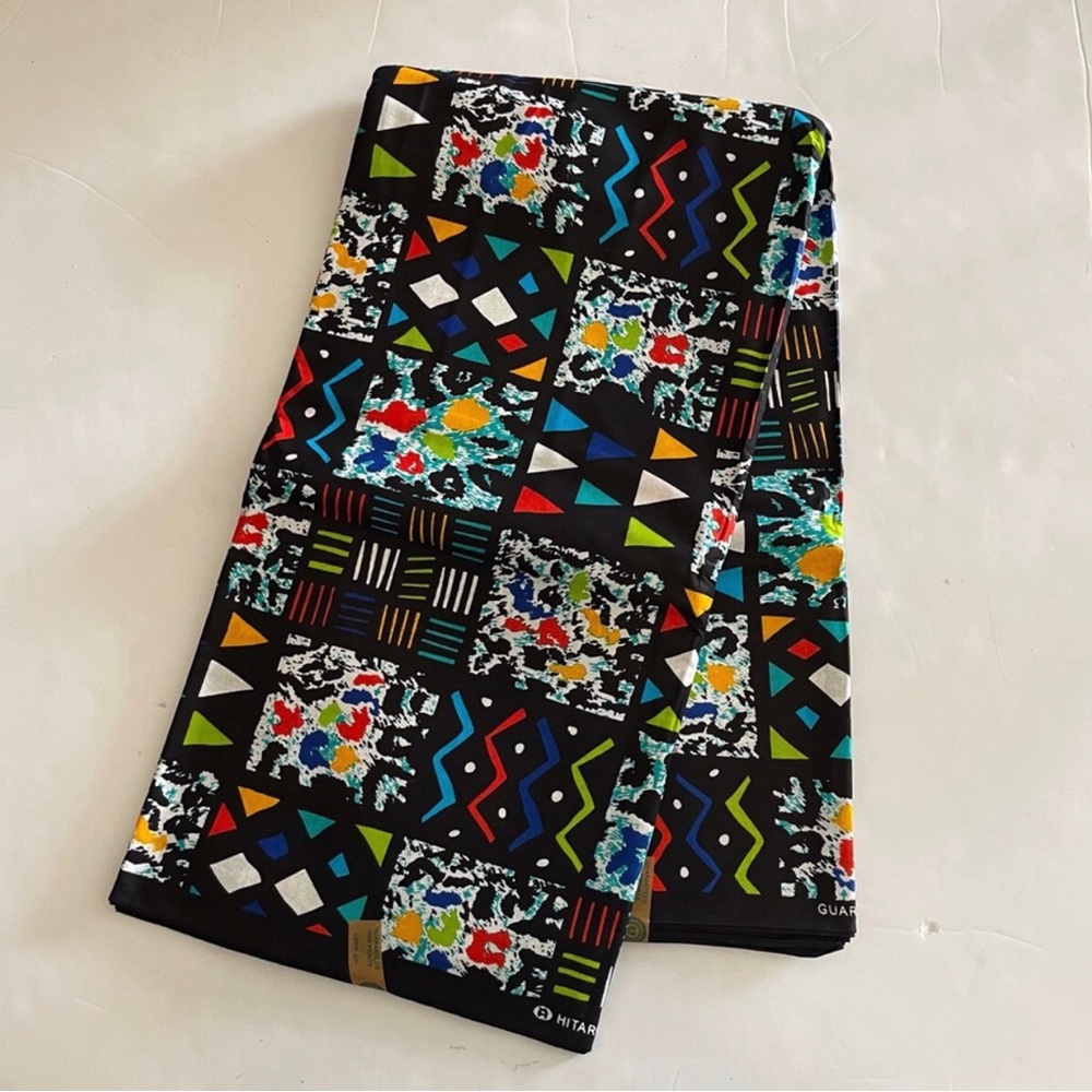 Black Multicolor Geometric Tribal Print Cotton Fabric